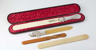 Group of Four Letter Knives, 19th c., consisting of a sterling handle ivory example, Birmingham, 1845, by George Unite, with a monogram, in the origin