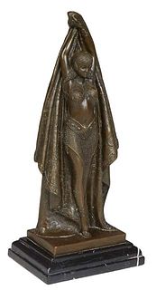 After Dimitri Chiparus (1886-1947), "Antinea," 20th c., patinated bronze, incised signature on the proper left rear top of the integral base, on a fig