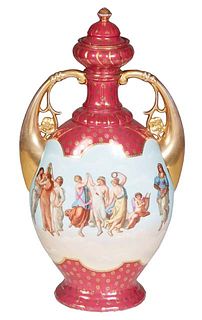 Austrian Neoclassical Porcelain Handled Lidded Vase, c. 1900, with gilt and neoclassical figural transfer decoration, on a magenta ground, the undersi