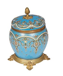 Bohemian Brass Mounted Blue Opaline Glass Covered Tobacco Jar, 19th c., the domed hinged lid with enameled and gilt decoration, over like decorated si