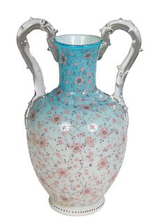 Thomas Webb Handled Vase, 19th c., with enameled floral decoration and applied clear glass handles with thorn motif, unsigned, but bears a mold number