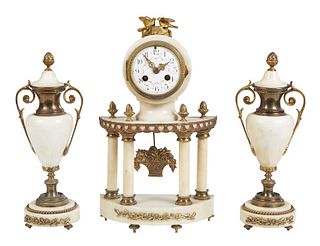 French Gilt Bronze and White Marble Three Piece Clock Set, 19th c., by A. D. Mougin, consisting of a drum clock, time and strike, with a painted ename