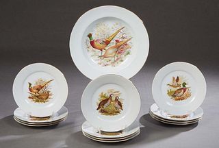 Thirteen Piece Limoges Porcelain Game Bird Set, by JB de Saint Eloi, with gilt rims and transfer pheasant decoration, consisting of twelve circular pl
