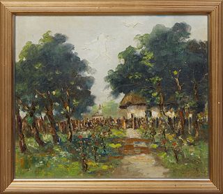 Southern School, "Countryside View," 20th c., oil on canvas, unsigned, presented in a gilt frame, H.- 17 1/4 in., W.- 20 3/4 in., Framed H.- 21 in., W