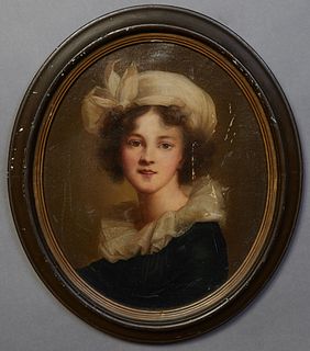 After Elisabeth Louise Vigee-Lebrun (1755-1842, France), "Self-Portrait," 19th c., oil on canvas, presented in a brown frame, H.- 11 3/8 in., W.- 9 1/