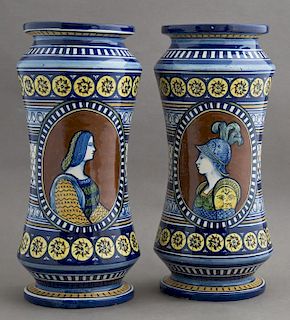 Pair of Chinese Porcelain Cylinder Vases, 19th c., with grisaille figural decoration, and calligraphic inscriptions, H.- 11 1