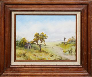 American School, "Countryside View," 20th c., oil on canvas, signed "Ana Mary" lower right, presented in a wood frame, H.- 8 1/2 in., W.- 11 1/2 in., 