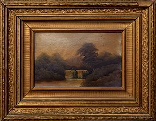 American School, "Waterfall," 20th c., oil on paper board laid to panel, unsigned, presented in a gilt frame, H.- 7 1/2 in., W.- 11 1/2 in., Framed- H