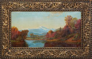 American School, "Mountainscape," 19th c., oil on canvas, unsigned, presented in a gilt frame, H.- 9 1/8 in., W.- 18 1/8 in., Framed H.- 14 7/8 in., W