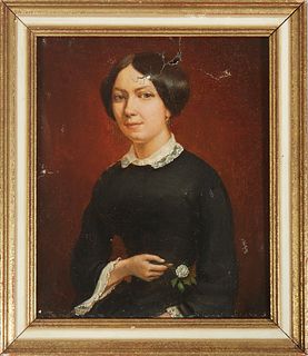 Mugin, "Portrait of a Mourning Woman with a White Chrysanthemum," 1854, oil on canvas, signed lower left, dated on stretcher en verso, presented in a 