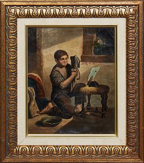 Continental School, "Young Man Washing His Hair," 19th c., oil on canvas, unsigned, presented in a gilt frame, H.- 7 5/8 in., W.- 6 3/16 in., Framed H