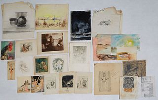 Portfolio of 34 mixed media works on paper, mid 20th c., some signed illegibly, unframed, various sizes.