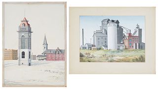 Charles J. Grant (American), "The Exposition Tower," 1941, and "Brooks Feed Mill," 1936, pair of gouaches on paper and paperboard, both signed lower l