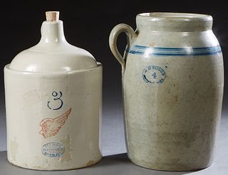 Two Pieces of American Pottery, 19th c., consisting of a Red Wing Pottery #3 whiskey jug, Union Stoneware; and a #4 covered butter churn crock with bl