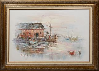 A. Simpson, "Harbor Scene with Boats," 21st c., oil on canvas, signed lower left, presented in a gilt frame, H.- 23 1/2 in., W.- 35 1/4 in., Framed H.