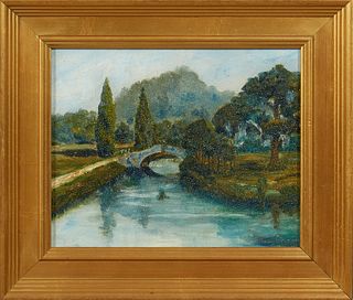 Continental School, "Landscape with Bridge," 20th c., oil on canvas board, signed indistinctly lower right, presented in a gilt frame, H.- 8 1/4 in., 
