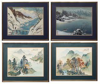 Chinese School, Group of Four Chinese Landscapes, 20th c., watercolors on silk, each presented in a polychromed frame, H.- 12 1/2 in., W.- 16 in., Fra