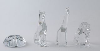 Four Cut Crystal Paperweights, 20th c., consisting of a Baccarat Giraffe, German Shepherd dog, and a domed circular example, together with an Orrefors