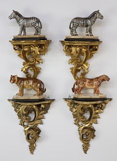 Four Carved Gilt Brackets with Raymond Waite Ceramic Animals