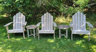Three Kingsley Bates Adirondack Chairs and Two Side Tables
