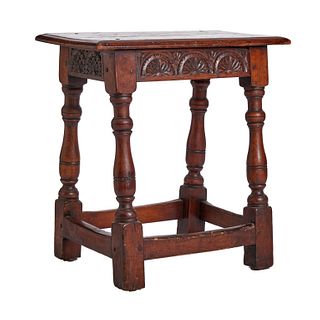 17th Century Carved Jacobean Walnut Joint Stool English 17th Century style Jacobean Carved Walnut Joint Stool
Approx 18" x 17" x 10" English Jacobean