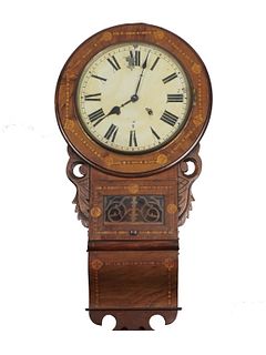 American Victorian wall clock Continental parquetry inlaid regulator wall clock with chime, painted metal dial, Roman numerals
Not tested, (as is) co