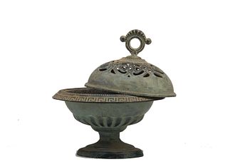 Neo classical style Incense burner Cast iron incense burner with lid. 
Approx 10"H