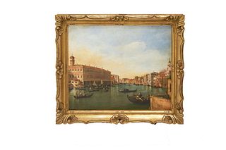 Grand canal Venice oil on canvas 20th century copy of a Canaletto grand canal, Venice in a molded gilt gold frame. Signed lower right.
Approx site si