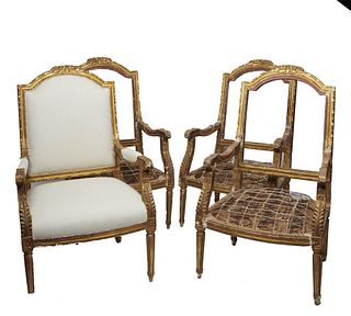 Set of four Napoleon III open arm chairs Set of four Napoleon III open arm chairs, the four fauteuil gilt wood neoclassical style chairs are raised on