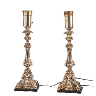 Pair of Continental silver plated candlesticks Pair of Continental silver plated candlesticks now mounted as lamps (electrified) 19th Century
16"h