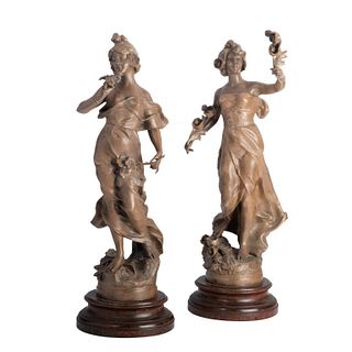 Two art nouveau sculptures of women Two (2) Art Nouveau white metal sculptures of women, after  Rousseau, (as is) condition
B-4.5" x 10" V-8"base 20t