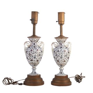 Pair of Campagna form glazed ceramic Persian lamps Pair of Campagna form glazed ceramic Persian style vases now mounted as lamps (electrified) circa e