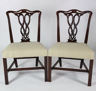 Pair of Carved Mahogany Chippendale Style Upholstered Seat Side Chairs