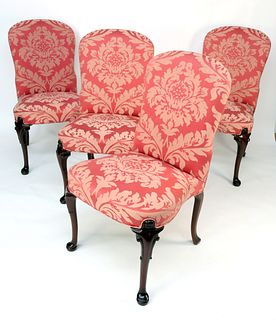 Set of Four Queen Anne Style Damask Upholstered Dining Chairs