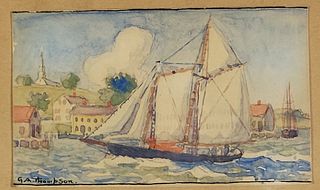 Vintage George Albert Thompson Watercolor on Paper, "Schooner on the Coast of Connecticut"