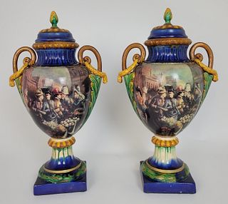 Pair of Antique French Decoupage Majolica Glazed Covered Vases
