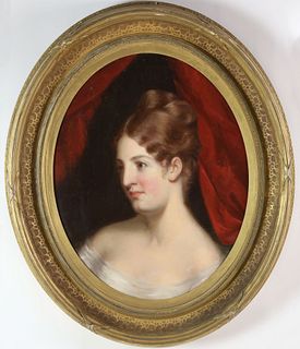 Oval Oil on Canvas "Portrait of a Young Lady," 19th Century