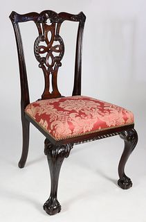 Vintage Chippendale Style Carved Mahogany Side Chair, Red Damask Upholstered Seat
