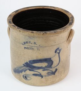 "Troy N.Y. Pottery" Cobalt Bird Decorated Two-Handle Crock