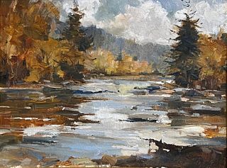 Attributed to David Lazarus Oil on Canvas "New England Fall Riverscape"