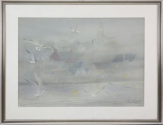 Robert Perrin Watercolor on Paper "Seagulls Taking Flight in Foggy Nantucket"