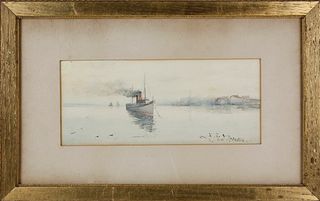 Watercolor on Paper Steam Sail Ship Anchored at Port, 19th Century