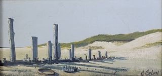 Charles R. Selmi Mid Century Modern Oil on Masonite "The Dunes at Jetties Beach, Nantucket"