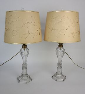 Pair of Antique Clear Glass Whale Oil Lamps, Mounted and Electrified as Lamps