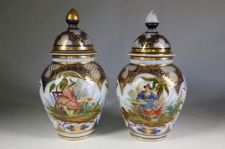 Â Pair of Charles X Vieux Paris Porcelain Covered Jars in Chinoiserie Manner, circa 1820-30