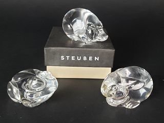 Three Signed Steuben Clear Crystal Figural Animal Paperweight Hand Coolers