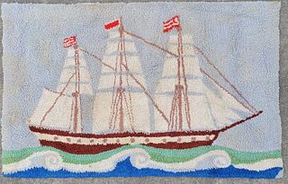 Vintage American Folk Art Nautical Three Masted Ship Hooked Rug