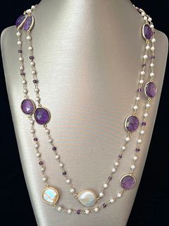 Faceted Amethyst and White Fresh Water Seed and Coin Pearl Necklace