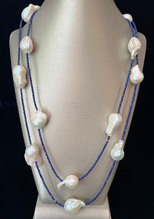 Faceted Lapis Lazuli Bead and 25mm-15mm White Baroque Fresh Water Pearl Necklace