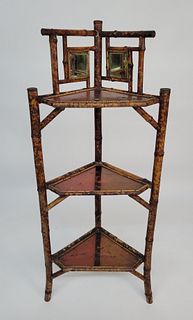 Antique 19th Century English Bamboo and Lacquer Decorated Corner Shelf Etagere